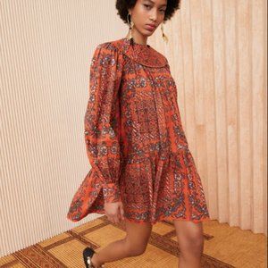 Ulla Johnson Ria Orange Floral Cotton Puff Sleeve Dress SZ 10